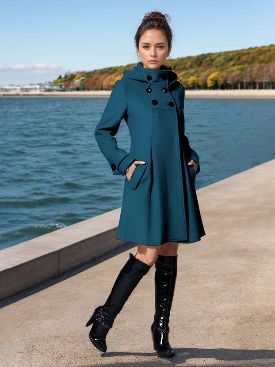 manteau double boutonnage à capuche avec écharpe