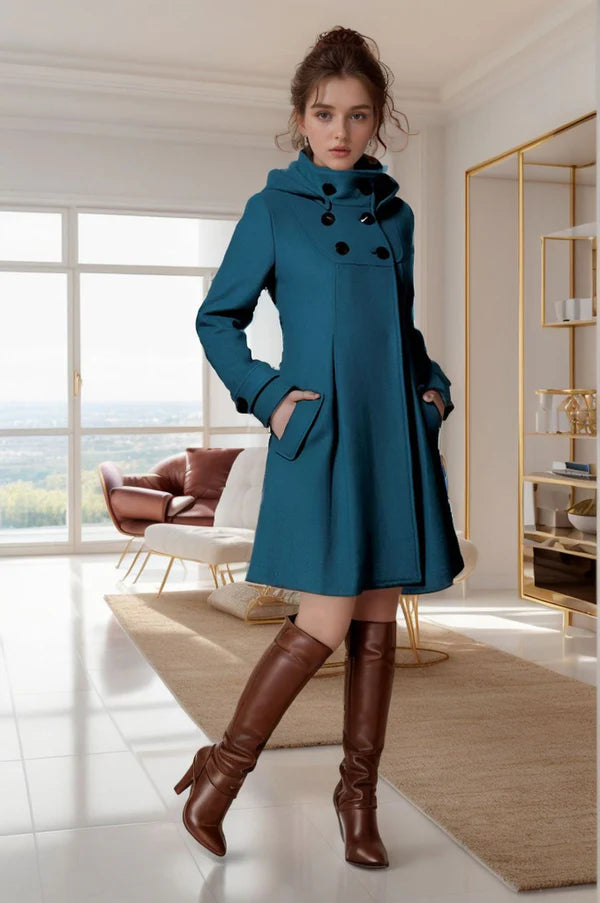 manteau double boutonnage à capuche  avec écharpe